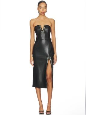 Generation Love Black Strapless Faux Leather Midi Dress with Stud Trim